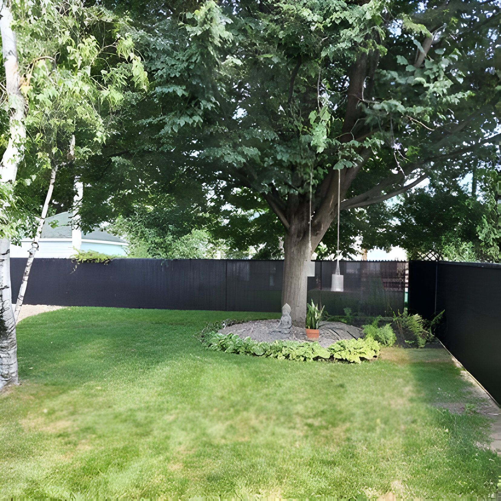 Cour arrière verdoyante avec arbre, balançoire, clôture noire et pelouse.