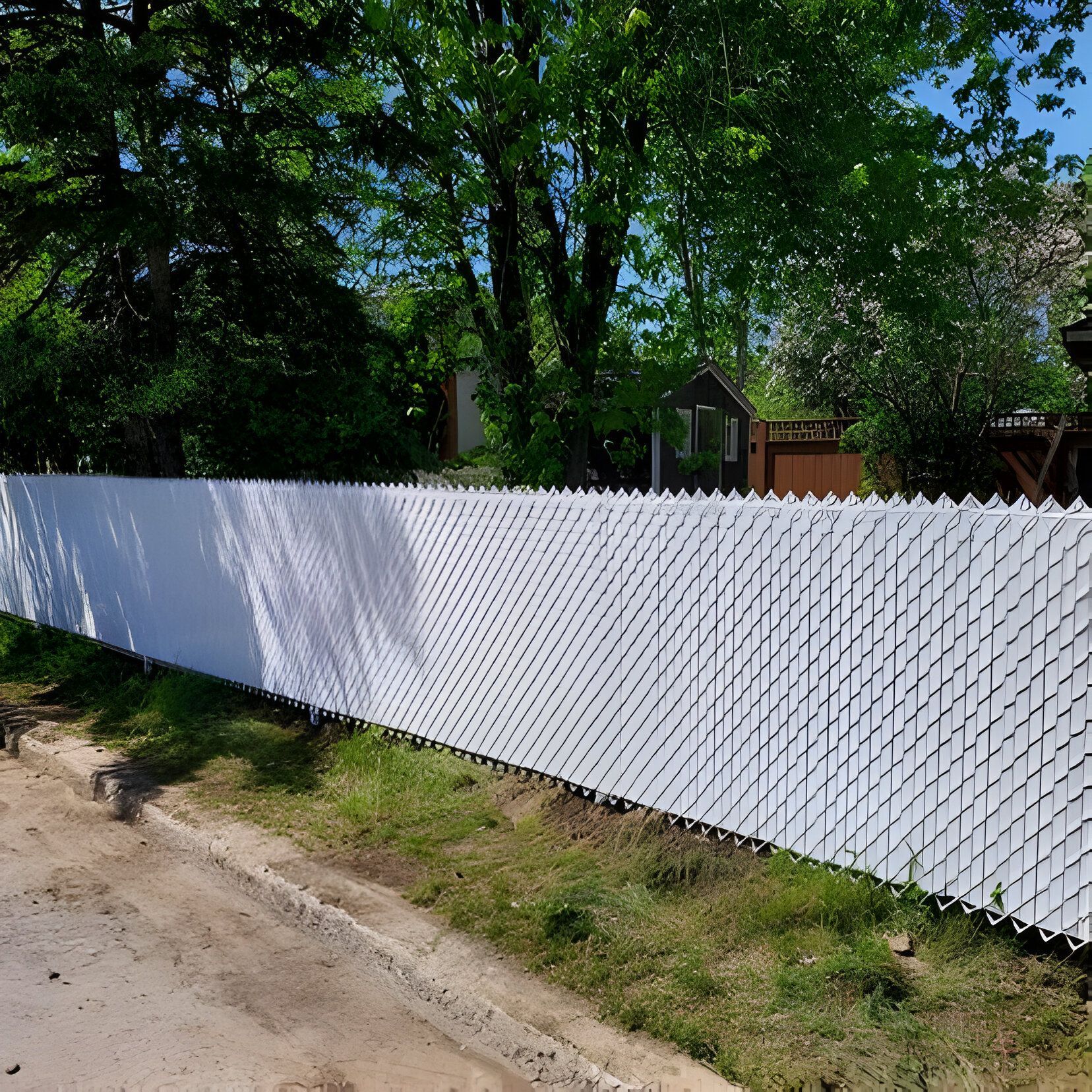 Clôture blanche à mailles losangées avec inserts en plastique le long d'une route, arbres et maisons en arrière-plan.
