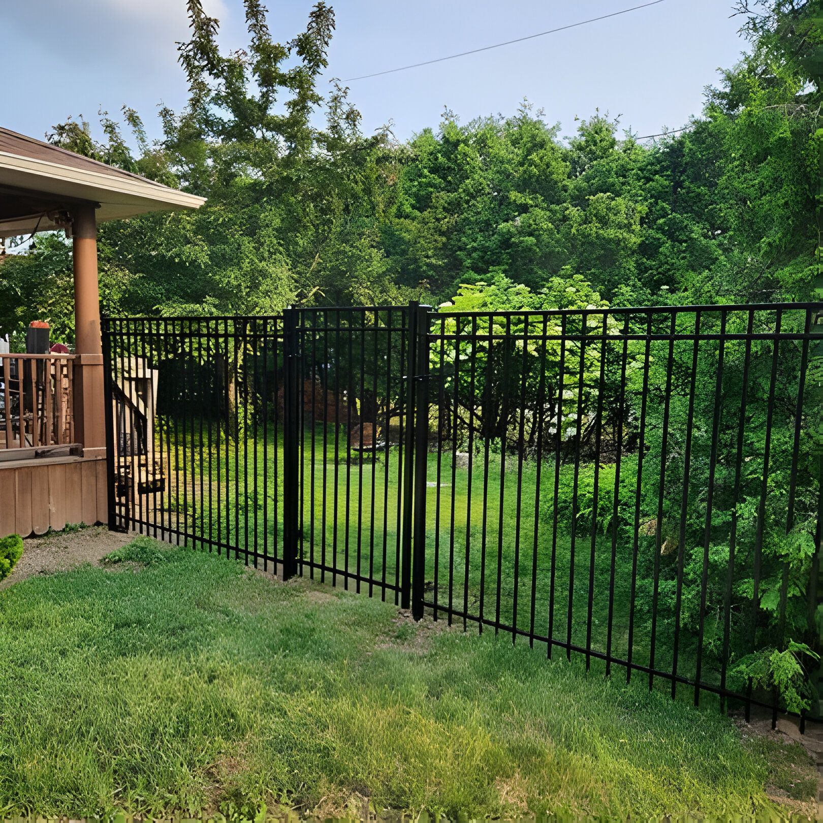 Une clôture en métal noir entoure une cour herbeuse, des arbres se dressent à l'arrière-plan, et le porche d'une maison se trouve sur la gauche.