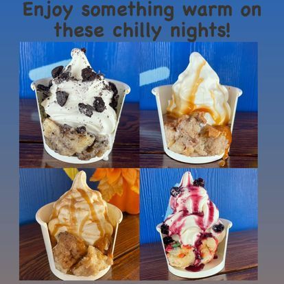 A collage of four cups of ice cream with the words enjoy something warm on these chilly nights