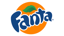 A blue and orange fanta logo on a white background
