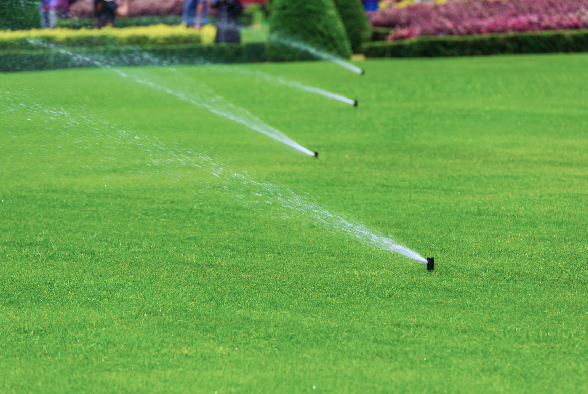 A row of sprinklers spraying water on a lush green lawn.