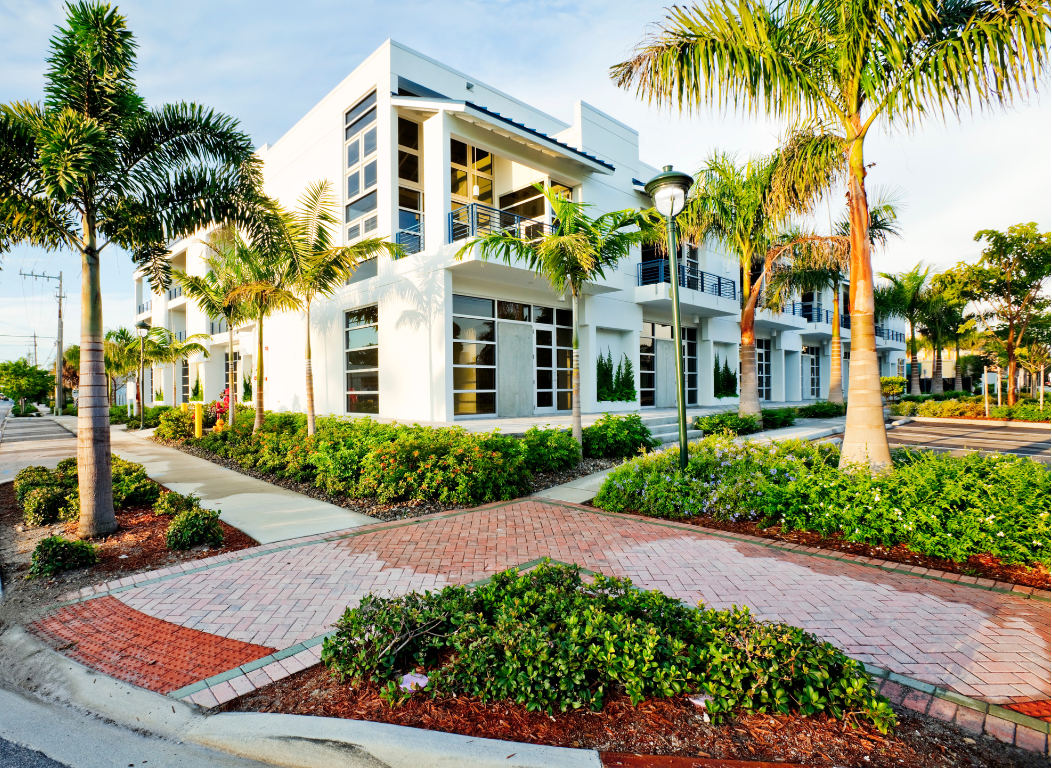 A white building with palm trees in front of it