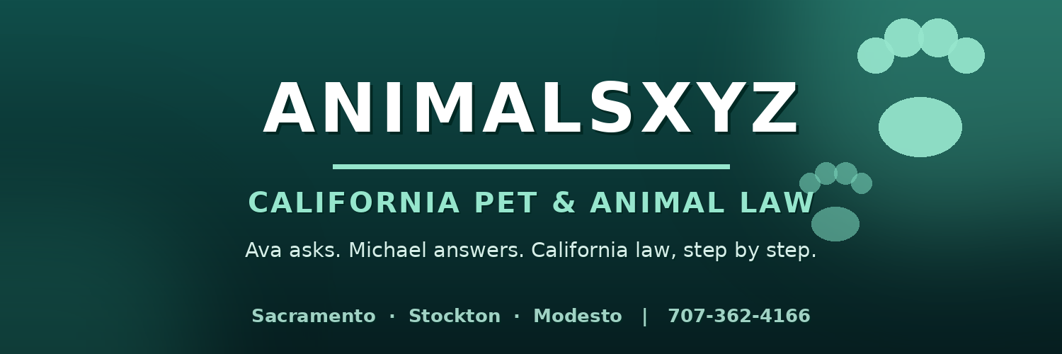 AnimalsXYZ California pet and animal law banner, enforceable landlord pet restrictions and ESA housing Q&A with attorney Michael Benavides, Sacramento Stockton Modesto