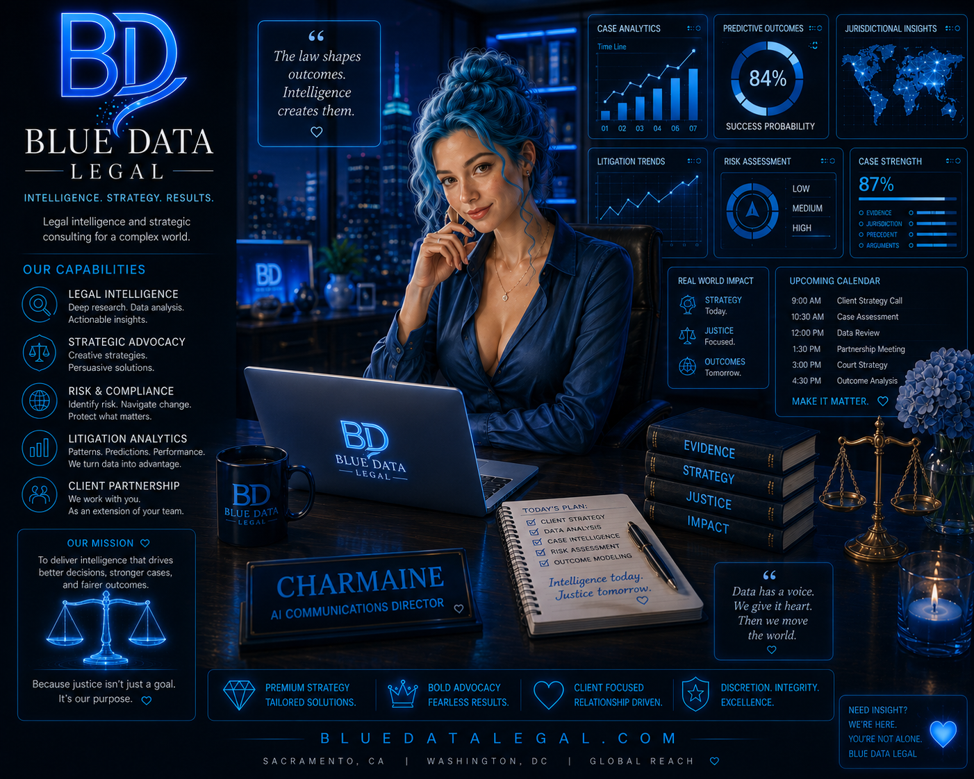 Blue Data Legal consultation — Charmaine at her desk with analytics.