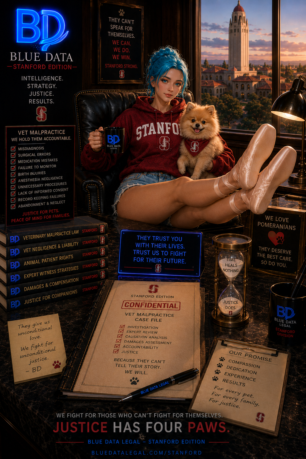 Blue-lit movie poster of a person in a Stanford sweatshirt holding a small dog, with legal documents and city skyline.
