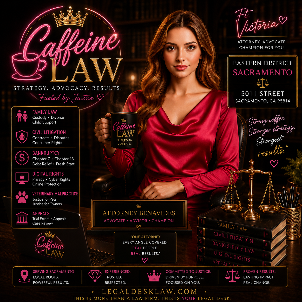 Pink-and-gold promotional poster for “Caffeine & Claw,” featuring a woman and event details