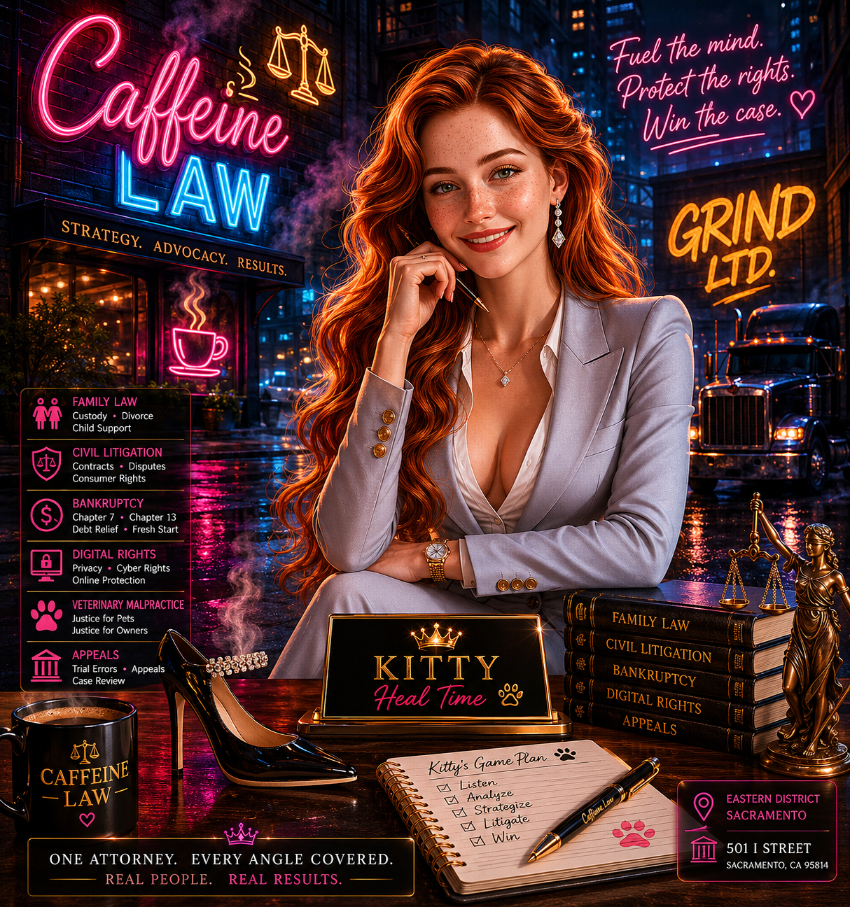 Neon café menu poster with a woman at a table, coffee branding, and glowing signs in pink and blue