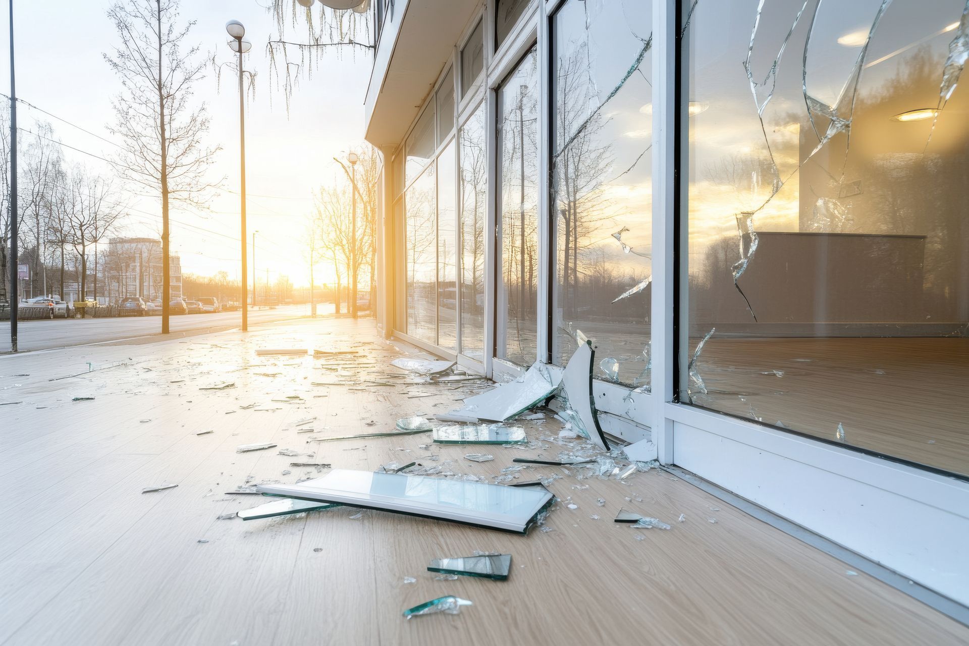 Broken glass and shattered panels scattered on a sunlit balcony outside a modern building. Broken glass and shattered panels scattered on a sunlit balcony outside a modern building.