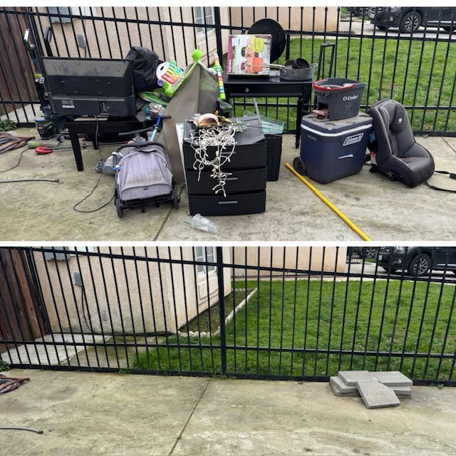 Before and after of debris-filled area cleaned up next to a building and trash bin.