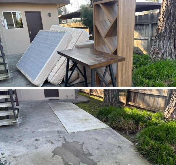 Before and after photos: a messy pile of items cleared from a yard, revealing a clean, empty space.