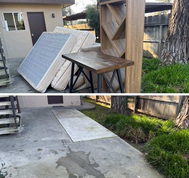 Top: Furniture (mattress, table, bookshelf) piled outside. Bottom: Empty patio with stains.