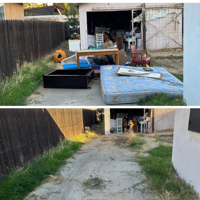 Before and after photos of a cluttered yard cleaned up, showing a mattress, debris, and then a clear space.