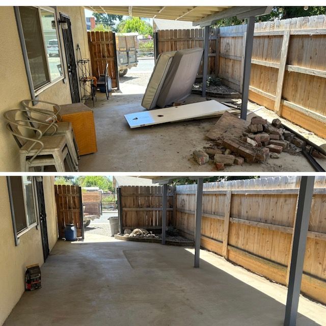 Before and after photos: a cluttered outdoor area transformed into a clean space.
