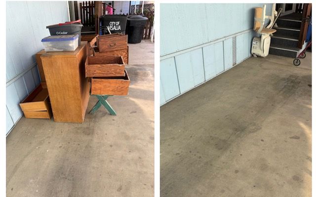 Two photos: one with furniture against a wall, another showing the empty space.