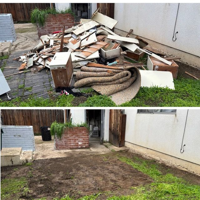 Before and after: pile of trash next to a white building; ground cleaned up and debris removed.