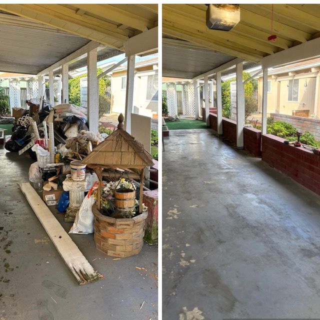 Before and after photo of a porch, covered with debris on the left, clean on the right, light colors and plants.