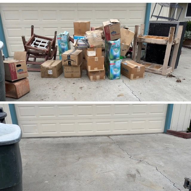 Top: Pile of boxes, wooden chair, and shelf in front of a garage. Bottom: Empty space in front of garage.