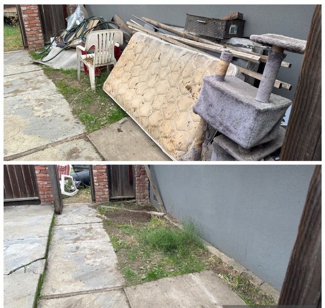 Before and after of a narrow outdoor space with concrete paths, a dirty mattress, and piles of debris cleaned up.