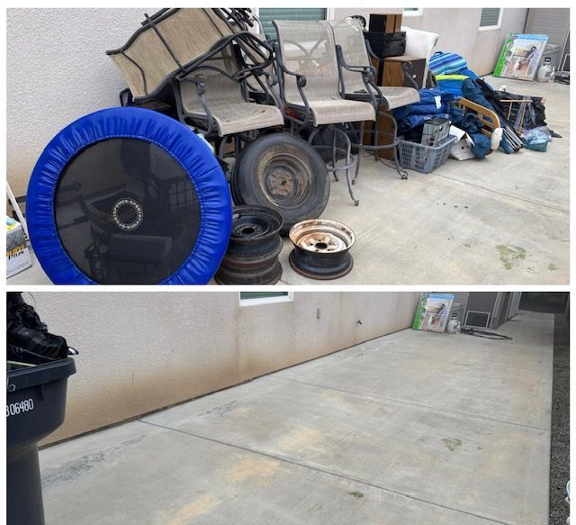 A cluttered outdoor area with various items like chairs and tires, cleared in a second photo.