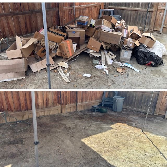 Before and after photos: a pile of debris is cleaned from a concrete backyard.