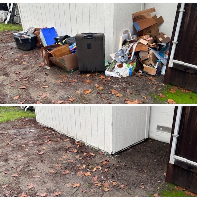 Before and after of area cleaned: pile of trash next to white building, now clean dirt.