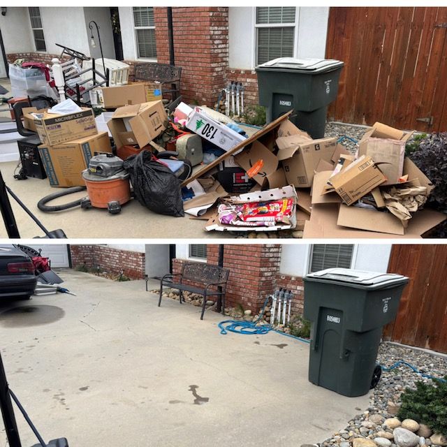 Before and after photos: a pile of trash is replaced with an empty driveway.