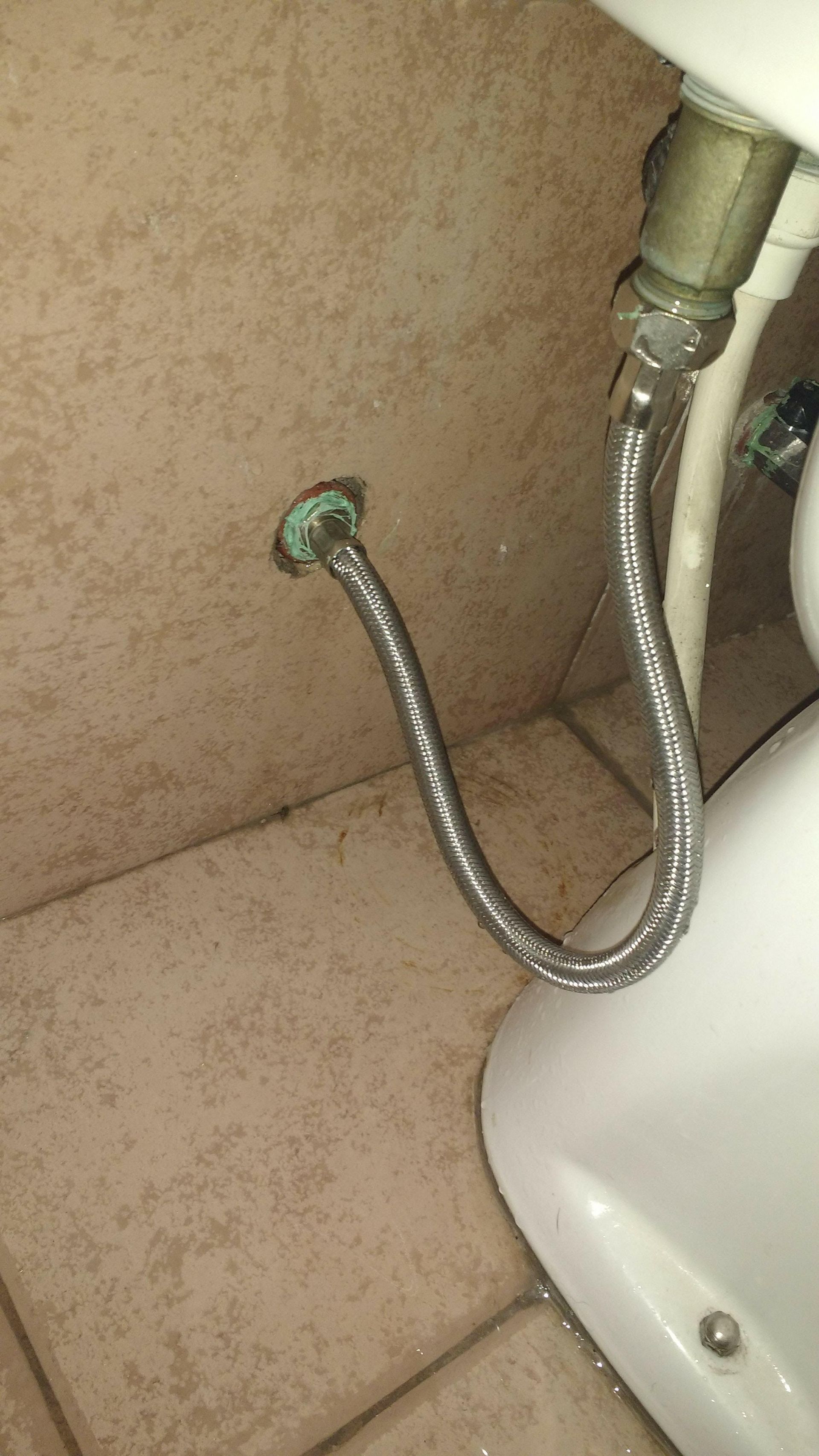 Manguera metálica flexible que conecta el suministro de agua al inodoro. La manguera está contra una pared alicatada.