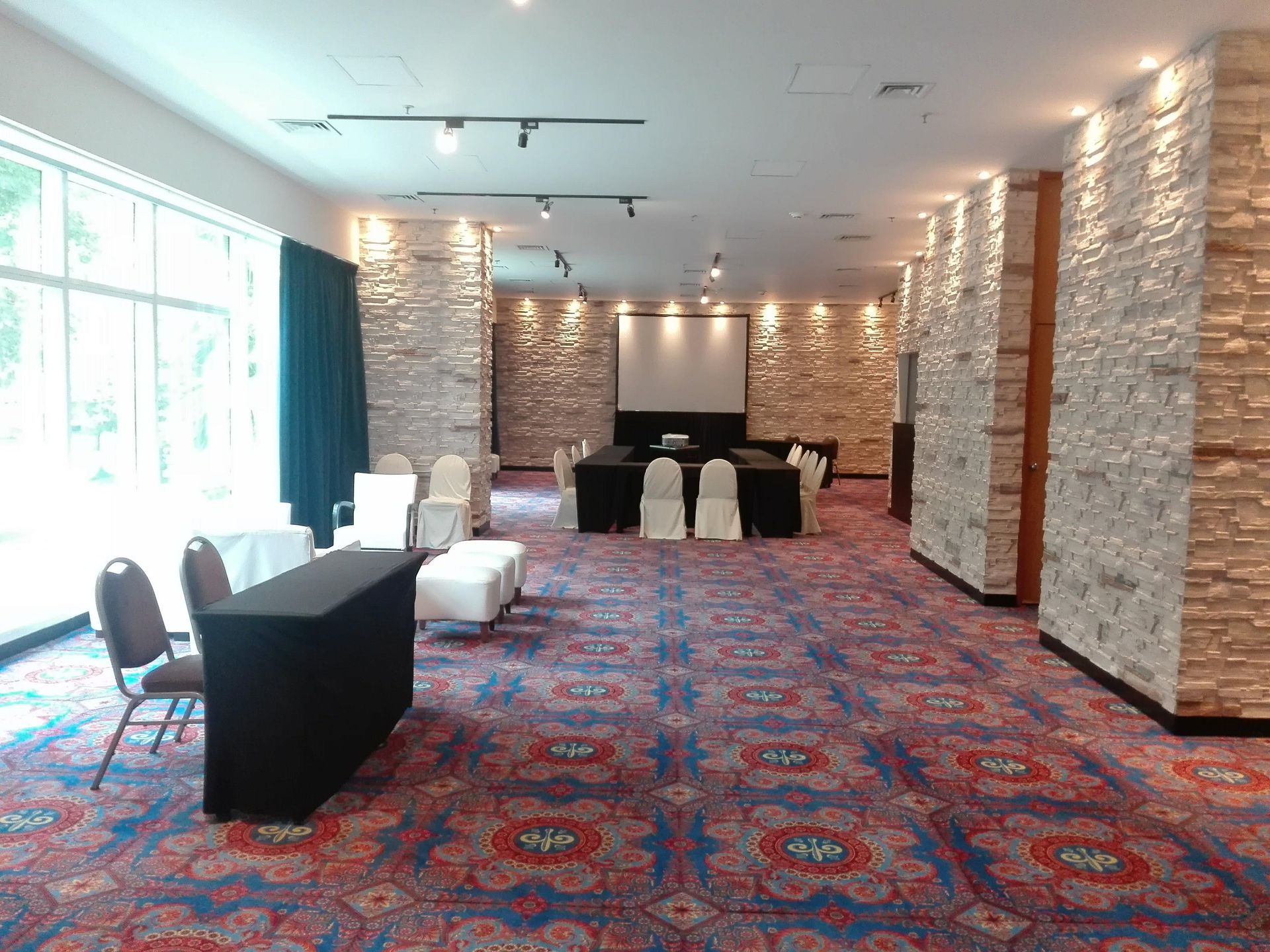 Sala de conferencias vacía con columnas de piedra, pantalla de proyección y sillas sobre una alfombra estampada.