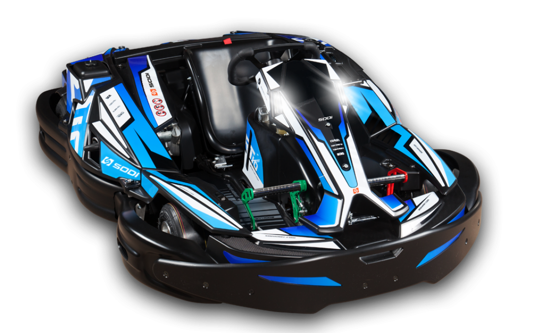 A blue and black go kart is on a track