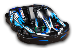 A blue and black go kart is on a track