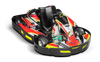 A red and yellow go kart on a white background.