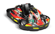 A red and yellow go kart on a white background.