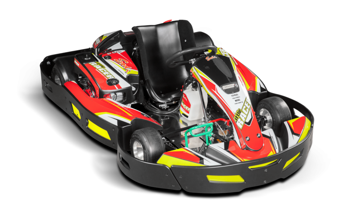 A red and yellow go kart on a white background.