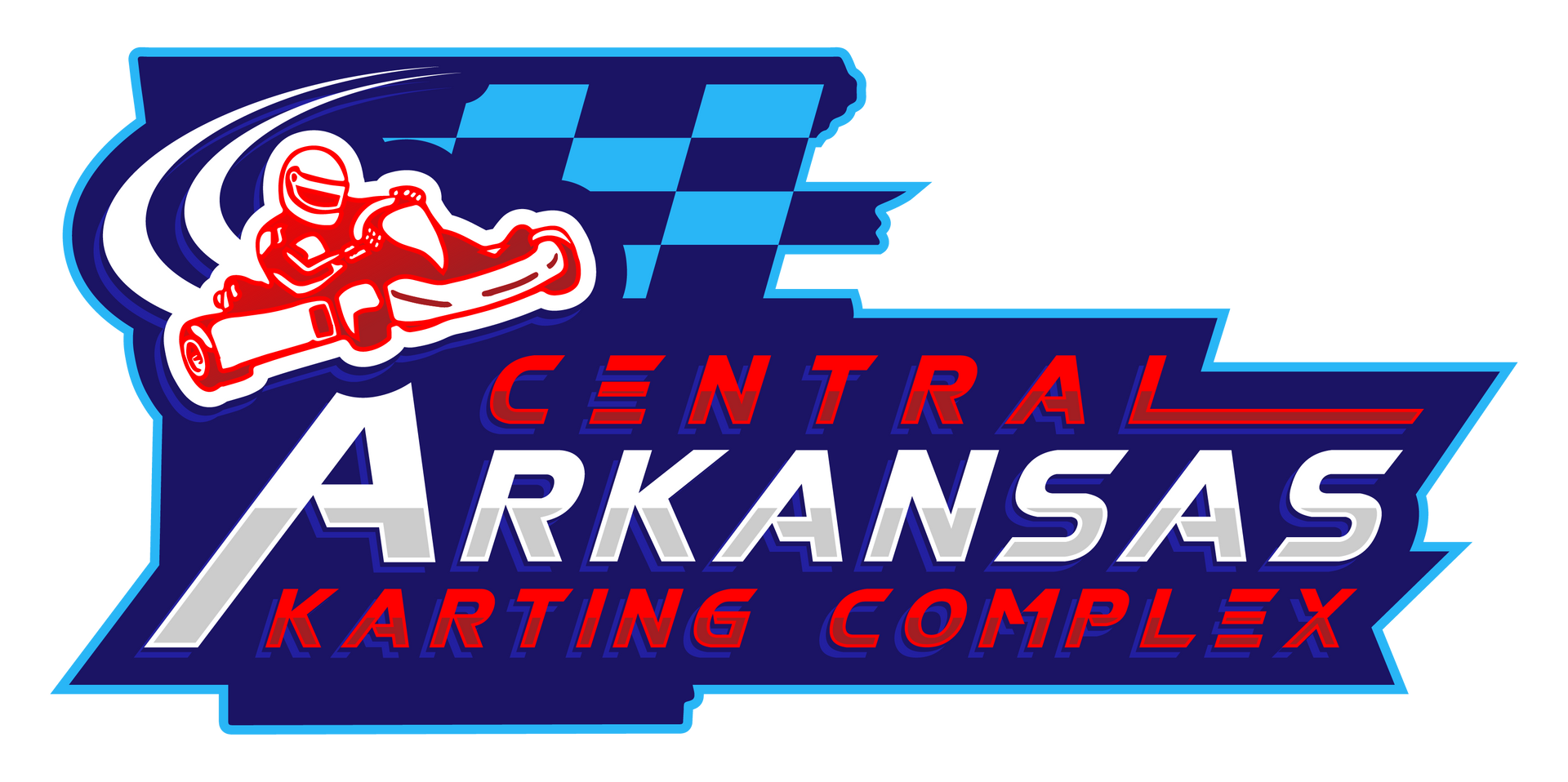The logo for central arkansas karting complex shows a person riding a kart.