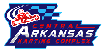 The logo for central arkansas karting complex shows a person riding a kart.
