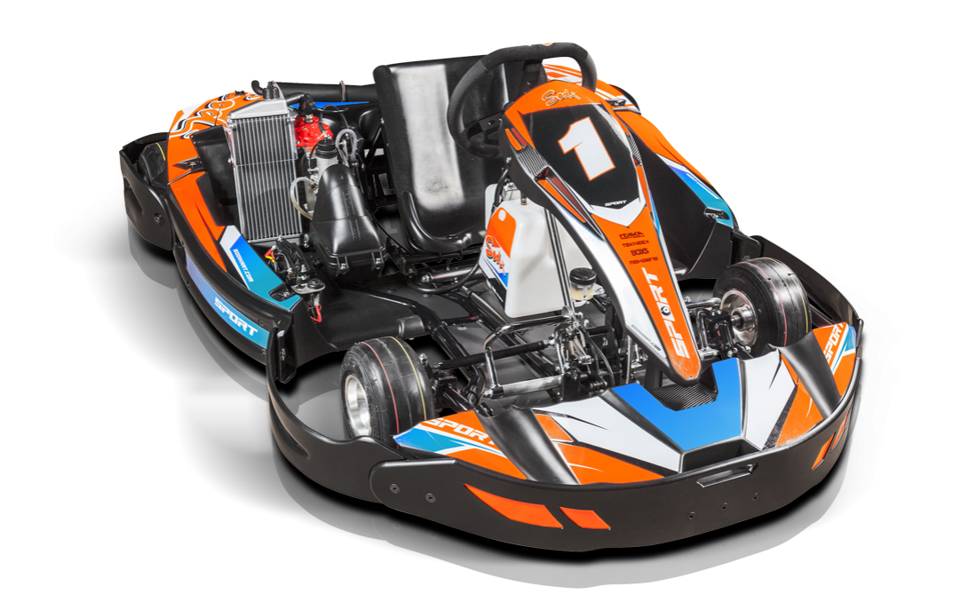 A go kart with the number 1 on it is on a white background.