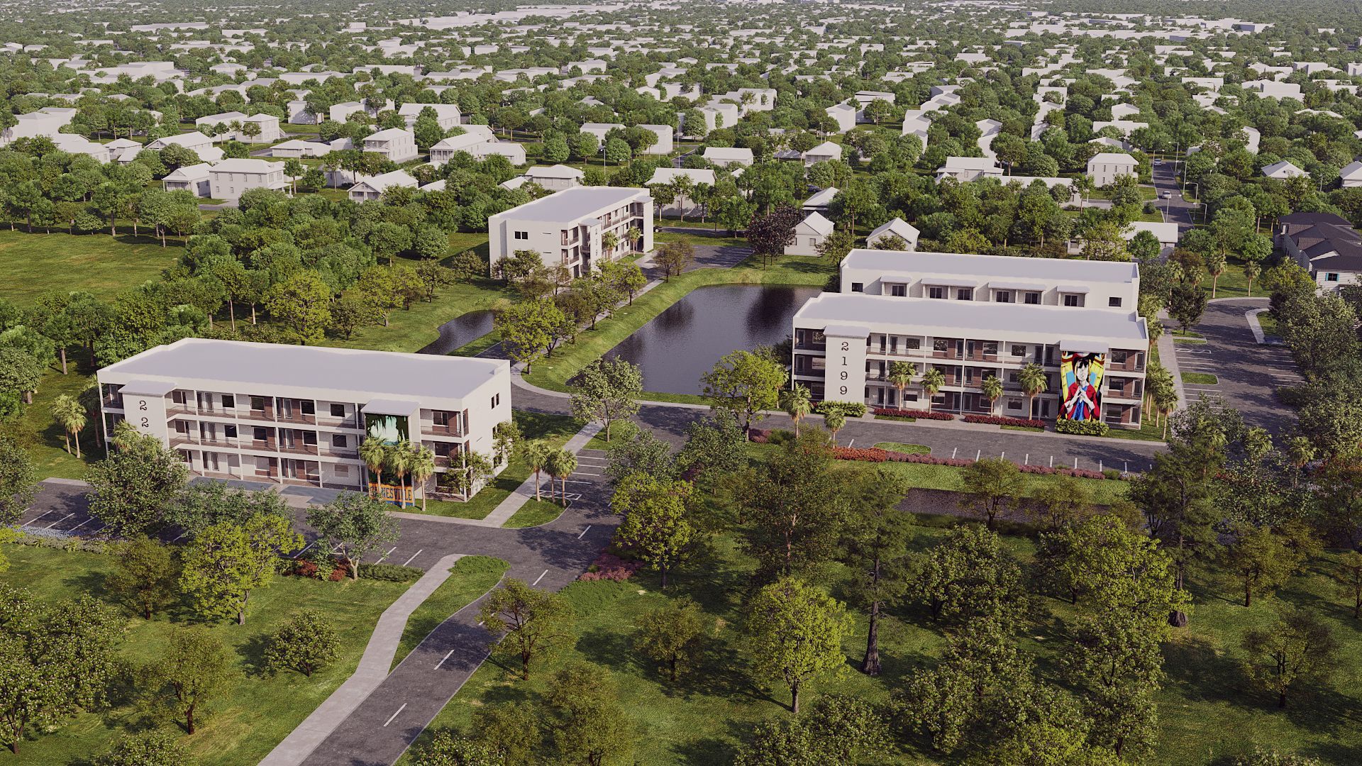 ariel view of apartment buildings