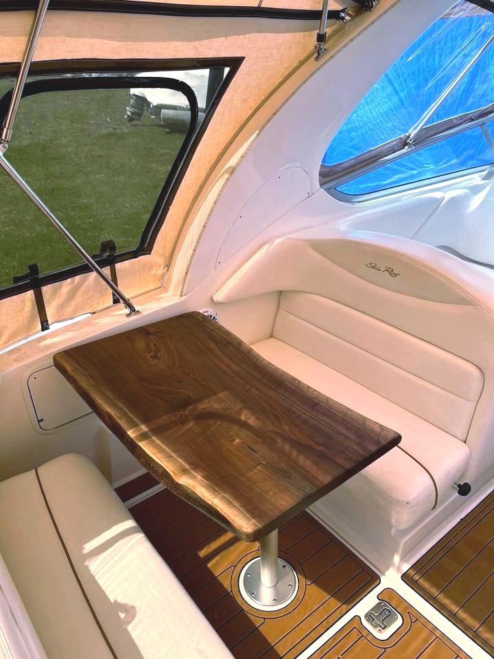Walnut table top replacement for a cabin cruiser. Cabin cruiser boat table top replacement.