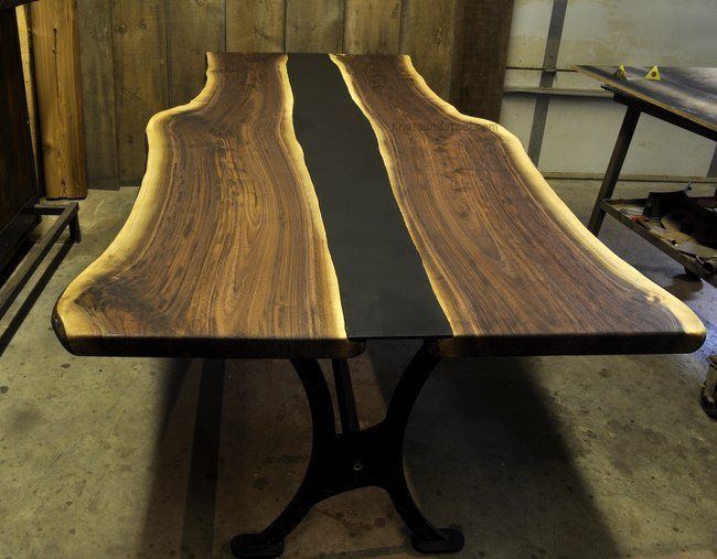 Live edge walnut and steel river table