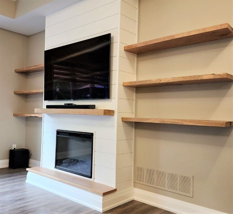 Entertaining room with floating shelves.