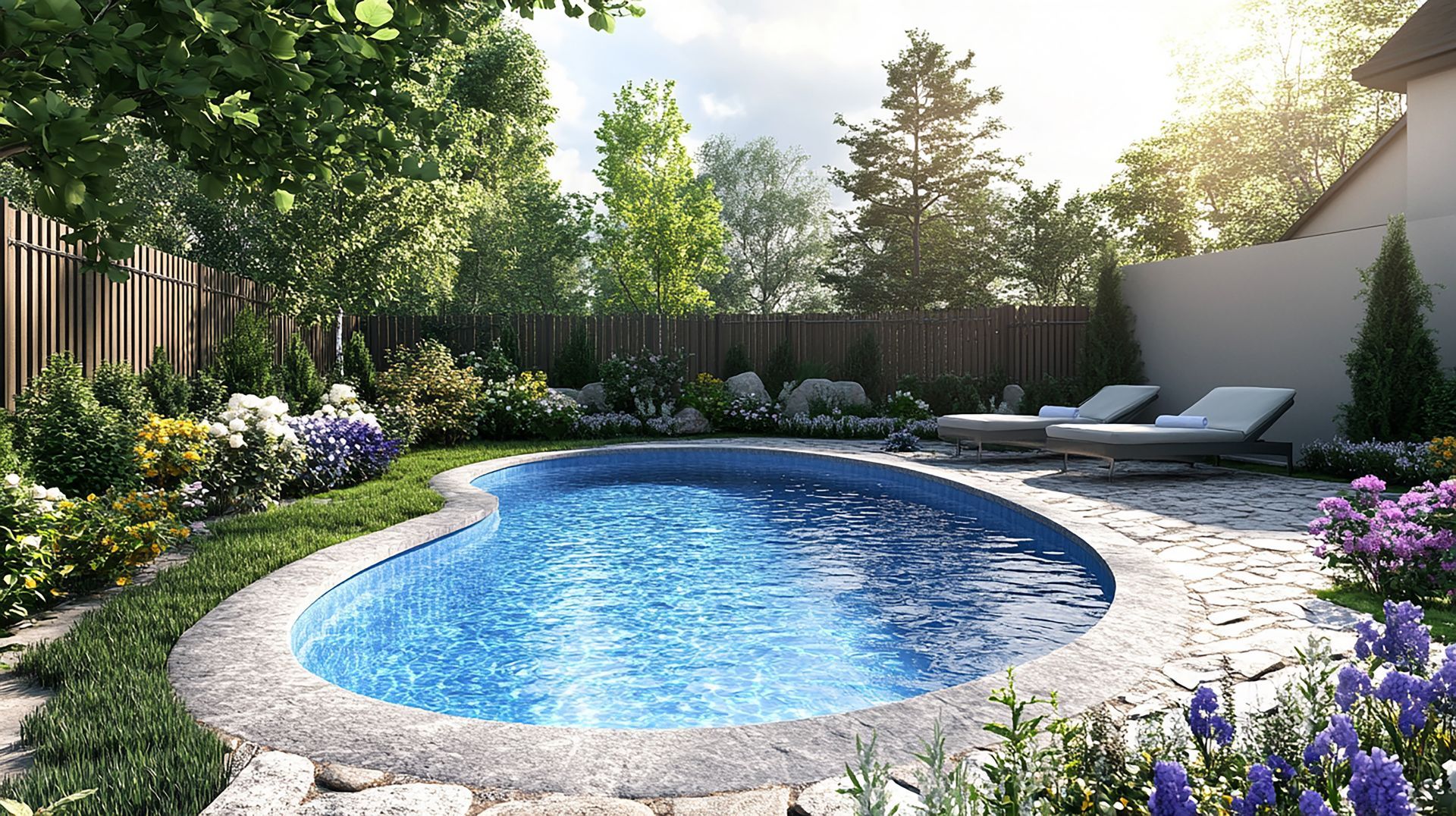 Outdoor swimming pool with clear blue water, surrounded by trees and open sky in the background.