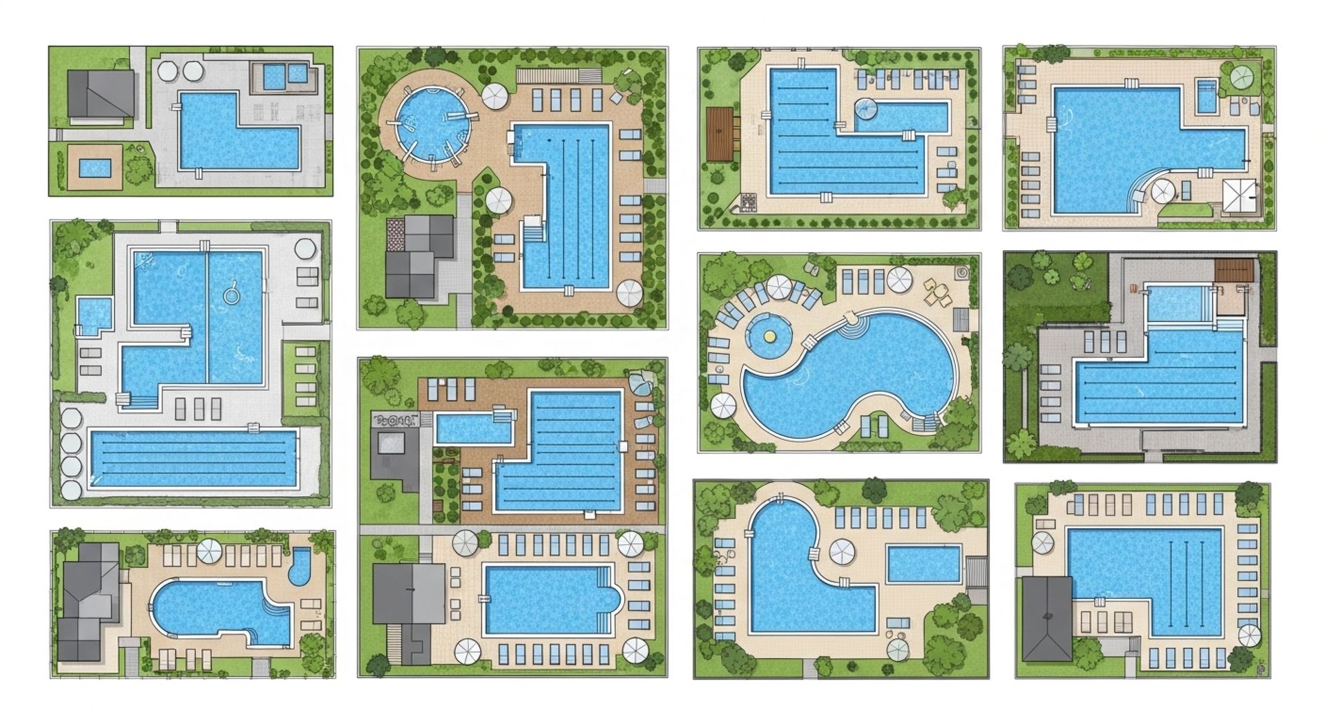 Grid of 12 different swimming pool layout designs with surrounding greenery and paths.