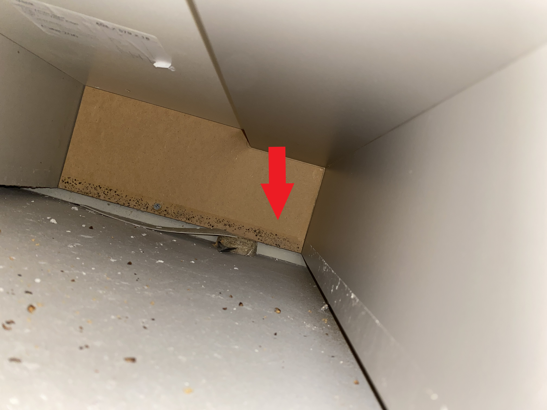 Interior cabinet view, cardboard box partially visible with a downward red arrow.
