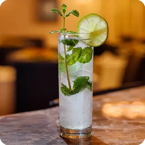 Um mojito em um copo alto com gelo e folhas de hortelã sobre uma mesa.