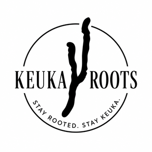Keuka Roots logo in black with stylized lake inside a circle and the slogan “Stay rooted. Stay Keuka.”