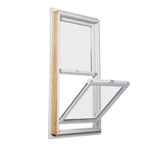 A white window with a wooden frame is open on a white background.