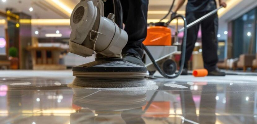 A man is cleaning the floor of a building with a mop.