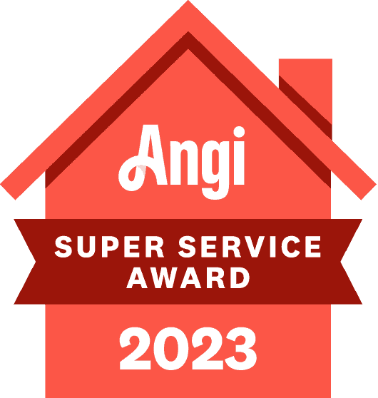 a red shield with the words `` angi 2021 super service award '' written on it .