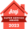 a red shield with the words `` angi 2021 super service award '' written on it .